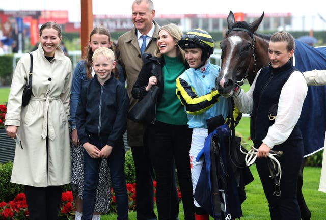 Apricot Ice and jockey Colin Keane with winning connections at the Curragh