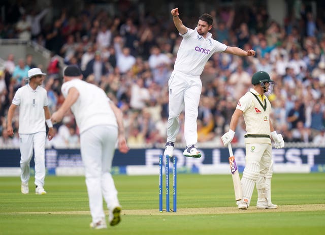 Josh Tongue celebrates the wicket of David Warner in the 2023 Ashes