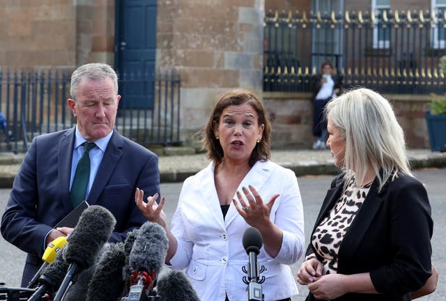 Mary Lou McDonald (centre), speaks to the media alongside Conor Murphy and Michelle O’Neill after their meeting with Prime Minister Boris Johnson at Hillsborough Castle