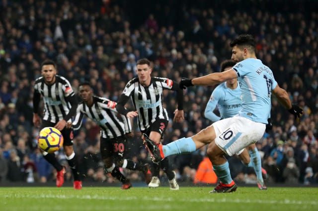 Sergio Aguero tucks away a penalty against Newcastle