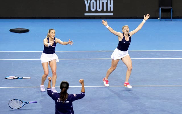 Great Britain’s Olivia Nicholls (left) and Alicia Barnett celebrate victory