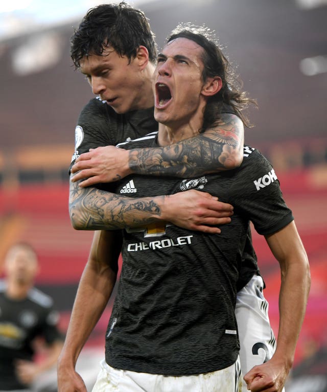 Edinson Cavani celebrates the first of his two goals against Southampton