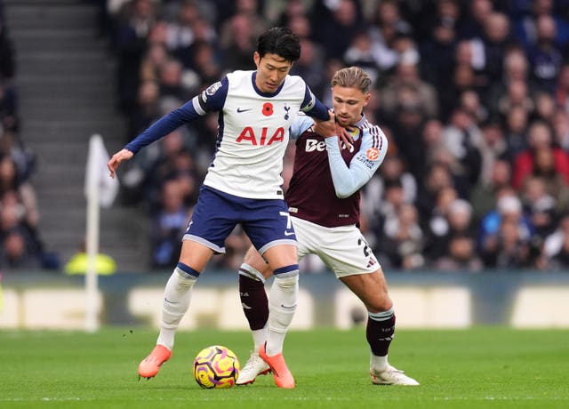 Spurs captain Son Heung-min (left) and Aston Villa’s Matty Cash battle for the ball