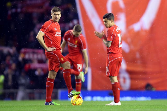 Villa boss Steven Gerrard, left, captained Philippe Coutinho at Liverpool (Peter Byrne/PA)