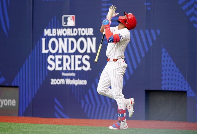 Philadelphia Phillies’ Johan Rojas walks out to bat during game two of the MLB London Series at the London Stadium