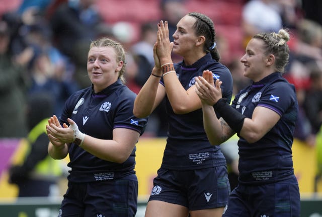 Scotland’s Molly Poolman, Emma Orr and Chloe Rollie applaud the fans after the match