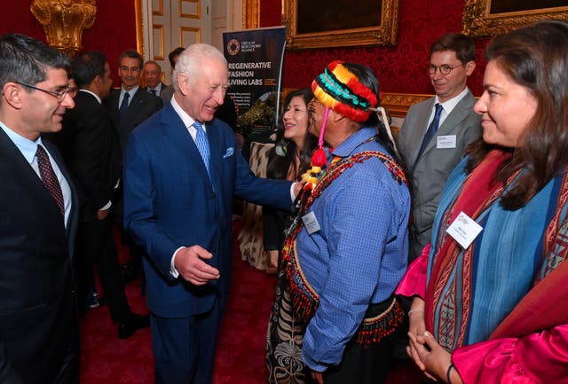 The King meets Uyunkar Domingo Peas Nampichkai at the launch of the Circular Bioeconomy Alliance at St James’s Palace in London