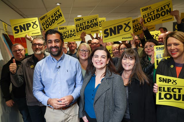 SNP leader Humza Yousaf joins SNP candidate Katy Loudon and supporters, in Rutherglen during campaigning ahead of the Rutherglen and Hamilton West by-election 