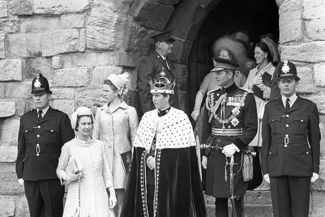 Charles with the Queen, Princess Royal and Duke of Edinburgh following his investiture at Caernarfon Castle. PA Archive/PA Images