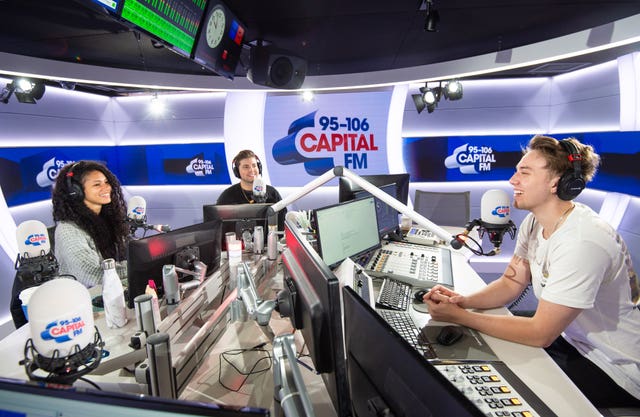 Capital’s breakfast presenters Vick Hope, Sonny Jay and Roman Kemp during their debut nationwide broadcast