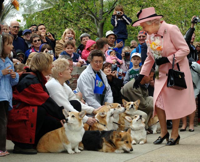 Britain’s Queen Elizabeth II is greeted by local corgi enthusiasts as she departs the Legislature Building