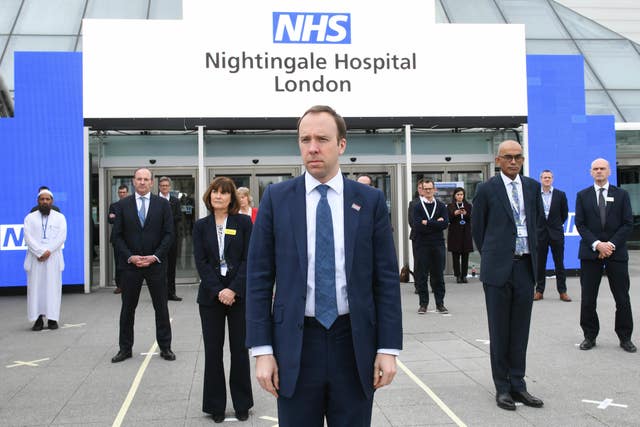 Then-health secretary Matt Hancock at the opening of the NHS Nightingale Hospital (Stefan Rousseau/PA)