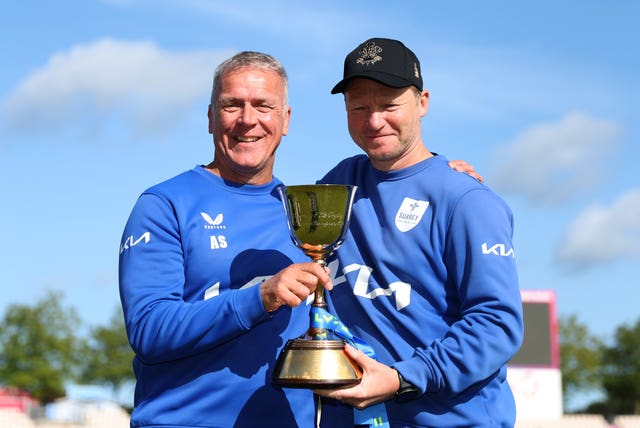 Alec Stewart and Gareth Batty celebrate Surrey's 2023 title triumph