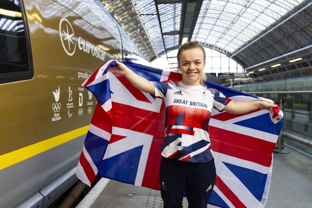 Swimmer Maisie Summers-Newton attends the unveiling of Eurostar’s first golden train at St Pancras International station