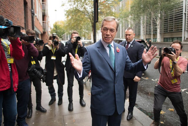 Nigel Farage arrives at the Brexit Party’s General Election campaign launch at the Emmanuel Centre in Westminster 