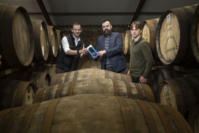 (from left) Geoff Nisbet of Allen Associates, Dr Gilles Bailet of the University of Glasgow's James Watt School of Engineering and University of Glasgow engineering student Micah Chapman
