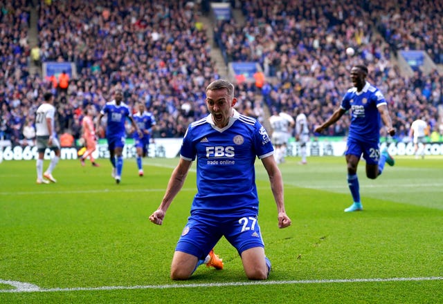 Leicester’s Timothy Castagne celebrates scoring