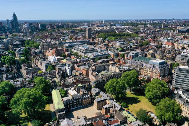 An aerial view of central London showing (bottom centre) Westminster School with The College Garden to its left and Deans Yard to its right, Church House Westminster (centre) at Great College Street and Tufton Street with the Home Office behind on Marsham Street, and the Department for Education (right) on Great Smith Street 