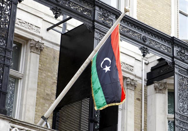 The flag of the Libyan Republic outside the Libyan Embassy in London (Sean Dempsey/PA)