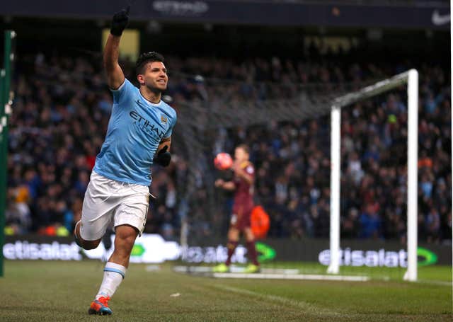 Sergio Aguero celebrates an FA Cup hat-trick against Watford in 2014