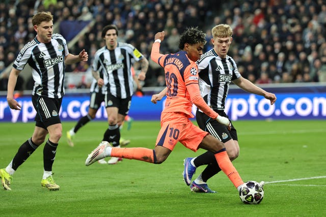 Barcelona’s Lamine Yamal attempts a shot against Newcastle