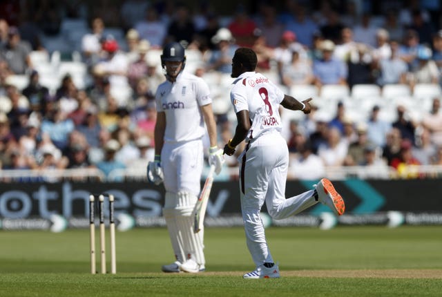 Alzarri Joseph runs off in delight after dismissing Zak Crawley 