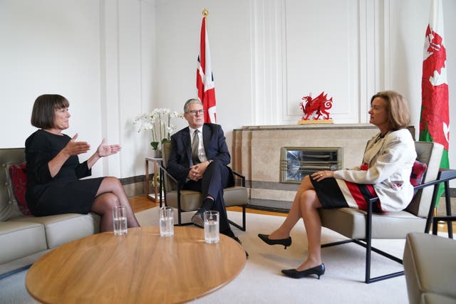 Welsh Secretary Jo Stevens (left) and Prime Minister Sir Keir Starmer meeting First Minister of Wales Eluned Morgan during a visit to Cathays Park in Cardiff