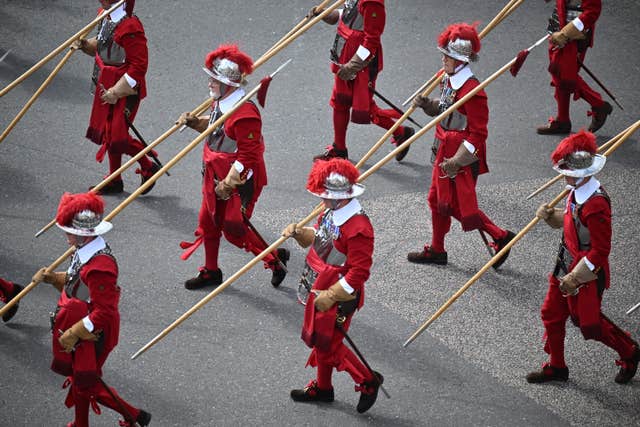 The Company of Pikemen and Musketeers process to the Royal Exchange in the City of London, prior to the second Proclamation in the, where King Charles III is formally proclaimed monarch 