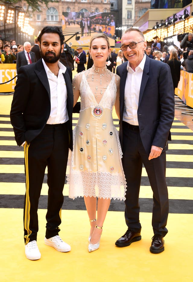 Danny Boyle with Yesterday stars Himesh Patel and Lily James