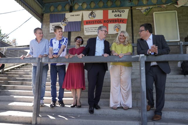 Labour Party leader Sir Keir Starmer with Thangam Debbonaire (third left) during a visit to Bristol Rovers FC while on the General Election campaign trail