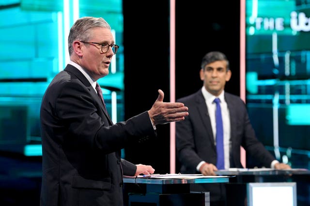 Sir Keir Starmer, gesturing with his hand, and Rishi Sunak standing in front of podiums in a TV studio. 