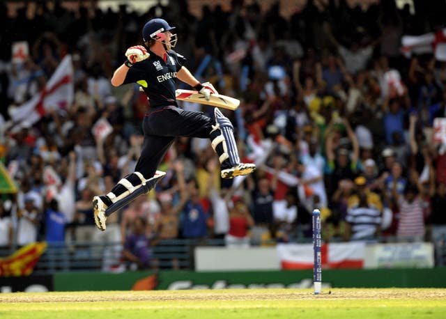 England captain Paul Collingwood leaps for joy after scoring the winning runs