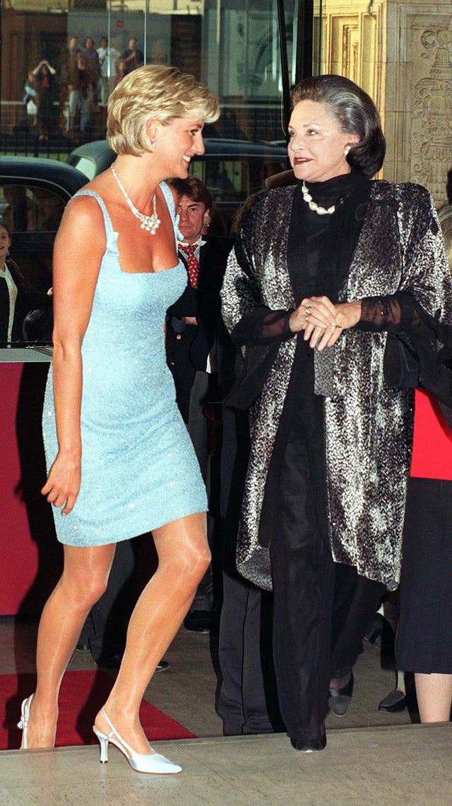 Diana, Princess of Wales, chats with Pamela, Lady Harlech, as they arrive at the Royal Albert Hall