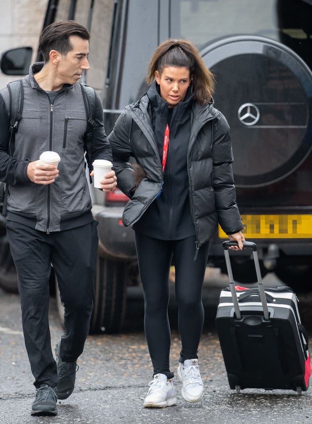 Rebekah Vardy and dance partner Andy Buchanan arrives at the National Ice Centre in Nottingham for a Dancing On Ice 2021 training session whilst a High Court hearing in her high-profile libel battle against Coleen Rooney is taking place in London