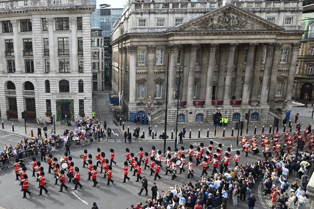 The Band of the Honourable Artillery Company process to the Royal Exchange in the City of London, prior to the second Proclamation in the, where King Charles III is formally proclaimed monarch