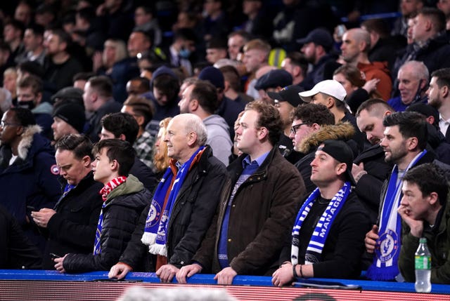 Fans in one of the safe standing areas at Stamford Bridge for Chelsea's Premier League match against Liverpool in January 