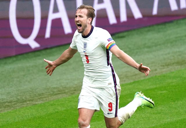 England captain Harry Kane celebrates scoring the decisive second goal at Wembley
