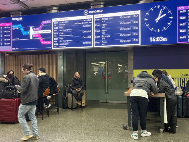 Eurostar train information screen displaying cancellations