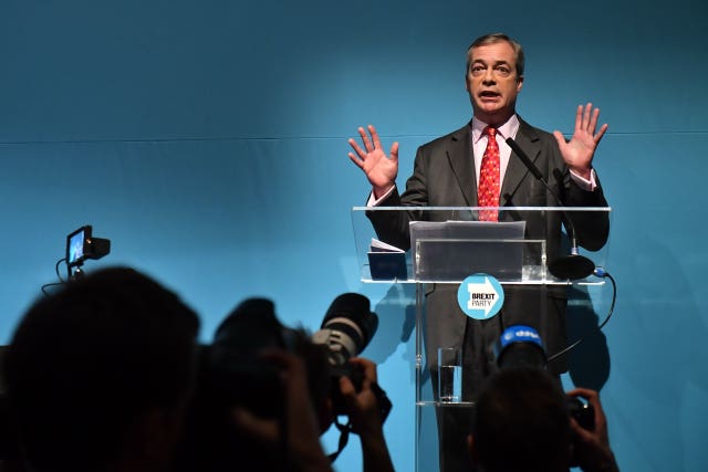 Brexit Party leader Nigel Farage during the party’s policy launch in Westminster, London