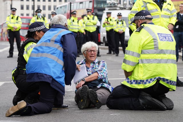 Police detain a demonstrator on London Bridge (Ian West/PA)