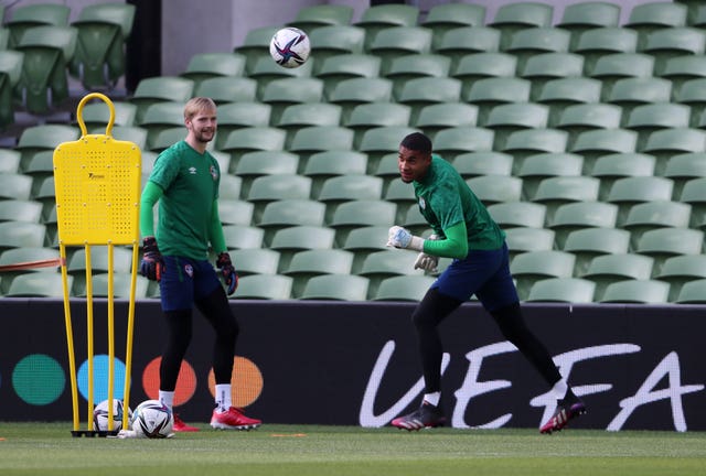 Gavin Bazunu, right, and Caoimhin Kelleher during a training session