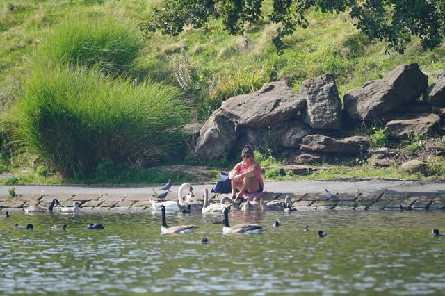 A lady relaxes by the lake at Sefton Park in Liverpool