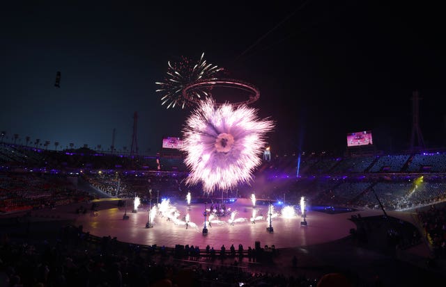 Fireworks are set off as the Olympic torch is lit during the opening ceremony of the Pyeongchang 2018 Winter Olympic Games
