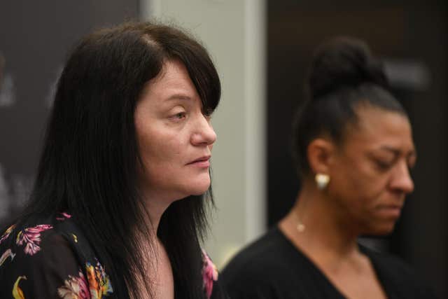 Tavis Spencer-Aitkens’ stepmother Helen Forbes (left) and mother Sharon Box during a press conference 