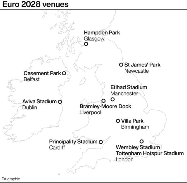 Ten venues will stage Euro 2028 fixtures