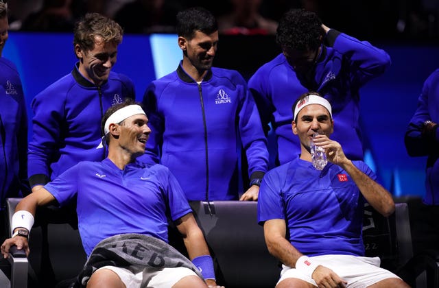 Rafael Nadal and Roger Federer, front, and Novak Djokovic, rear centre, at the 2022 Laver Cup