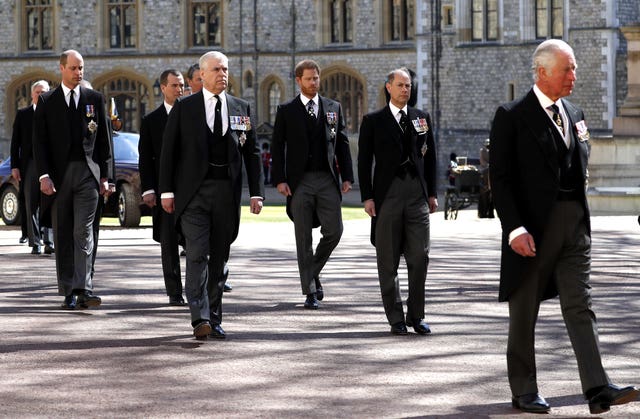 The Duke of Cambridge, the Duke of York, the Duke of Sussex, the Earl of Wessex and Forfar and the Prince of Wales during the funeral of the Duke of Edinburgh at Windsor Castle, Berkshire