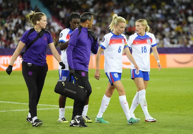 England’s Leah Williamson (second right) is checked over my medical staff after landing awkwardly during the UEFA Women’s Euro 2025 quarter-final match at the Stadion Letzigrund in Zurich, Switzerland. 