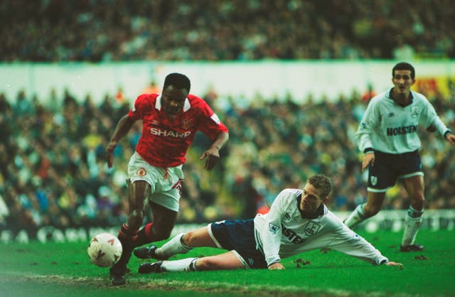 Paul Parker (left) in action for Manchester United