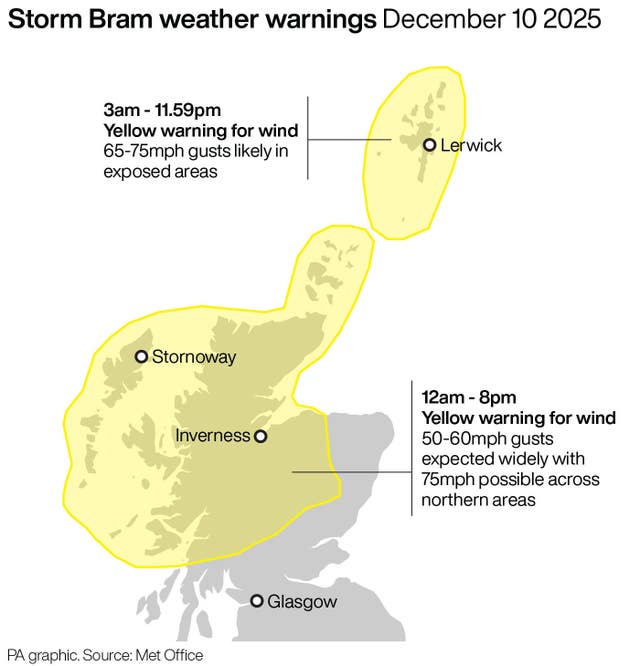 WEATHER Map of Scotland showing the areas affected by weather warnings